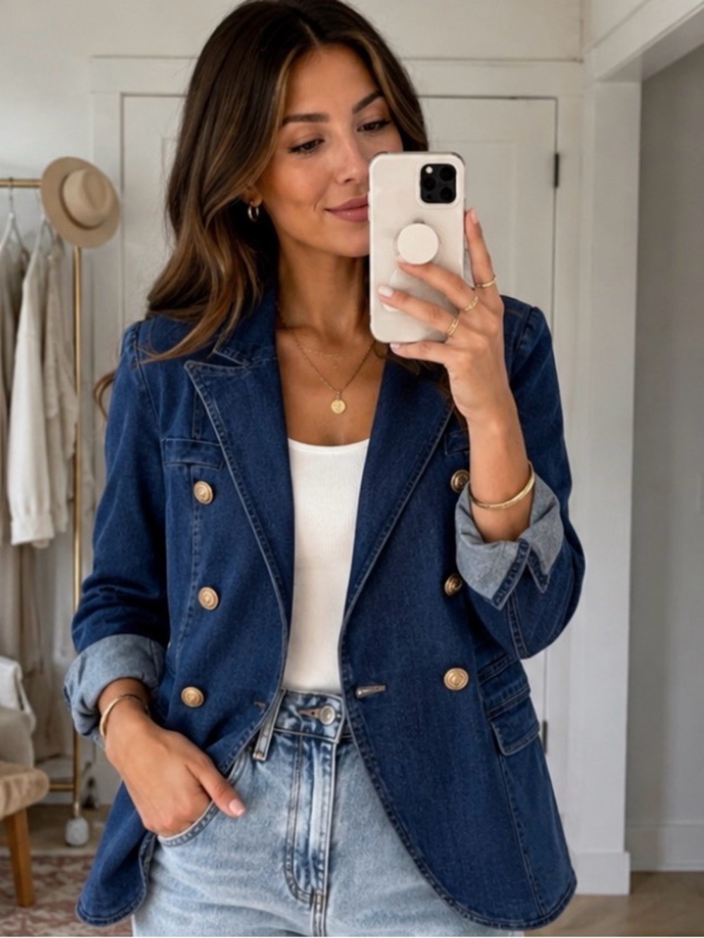 Bliss  Denim Jacket Dark Blue Double-Breasted with Gold Buttons
